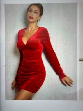 Vibrant Red Velvet Dress with V-Neck